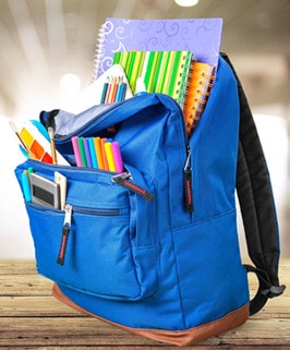 blue backpack filled with school supplies